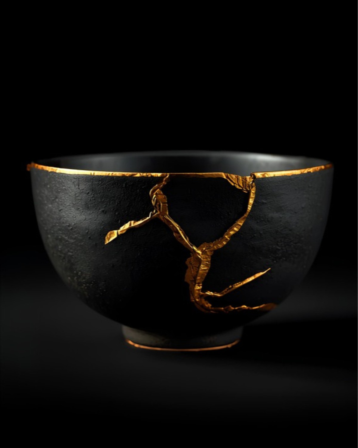 Traditional Kintsugi bowl with visible golden repair lines along ceramic cracks
