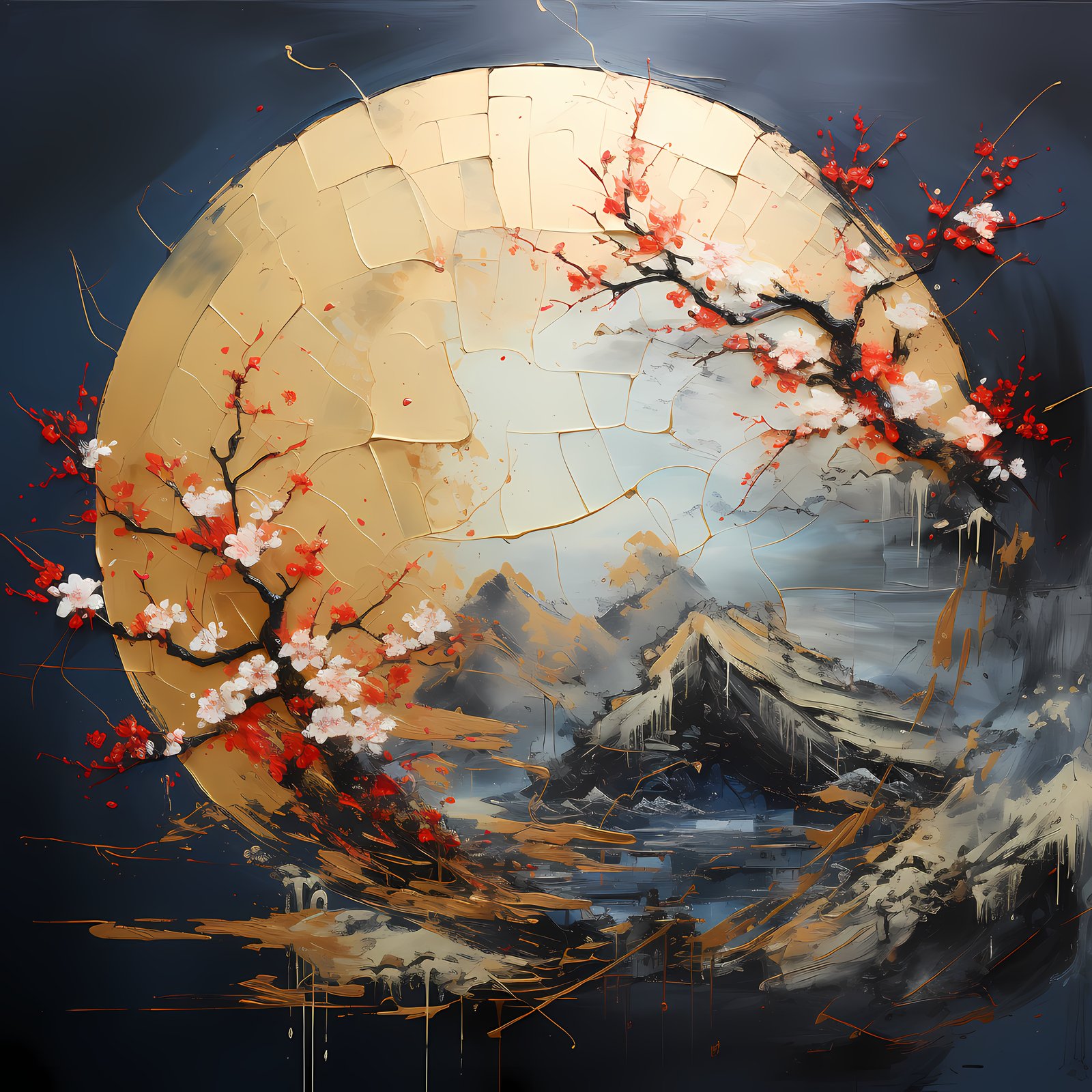 Kintsugi-inspiriertes abstraktes Kunstwerk mit goldenen Bruchlinien auf dunkler Keramiktextur