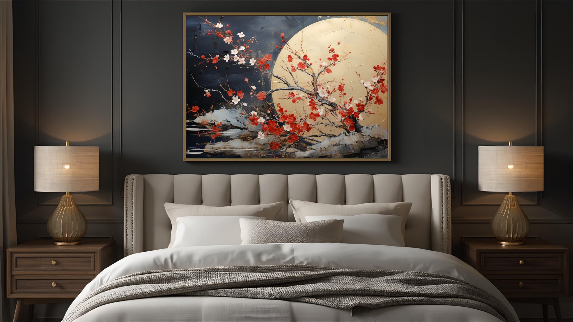 Blood Petals KintsugiBo artwork in a gold frame above a bed in a cozy dark luxury bedroom