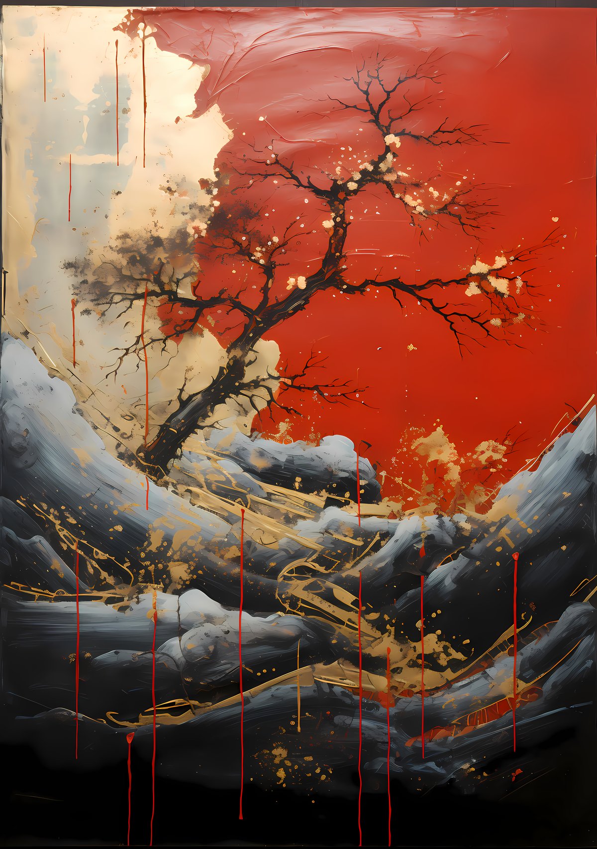 Crimson Tide — Scarlet bleeds into restless water, the tension between force and flow caught in a single breathless moment.