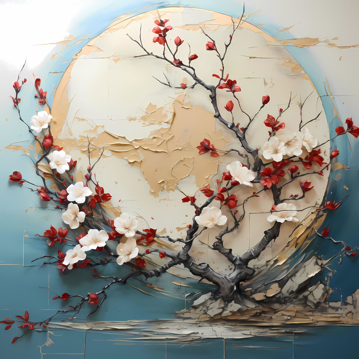 Sakura Moon — Cherry blossoms drift through a deep cobalt field, each petal a brief perfection preserved in gold.