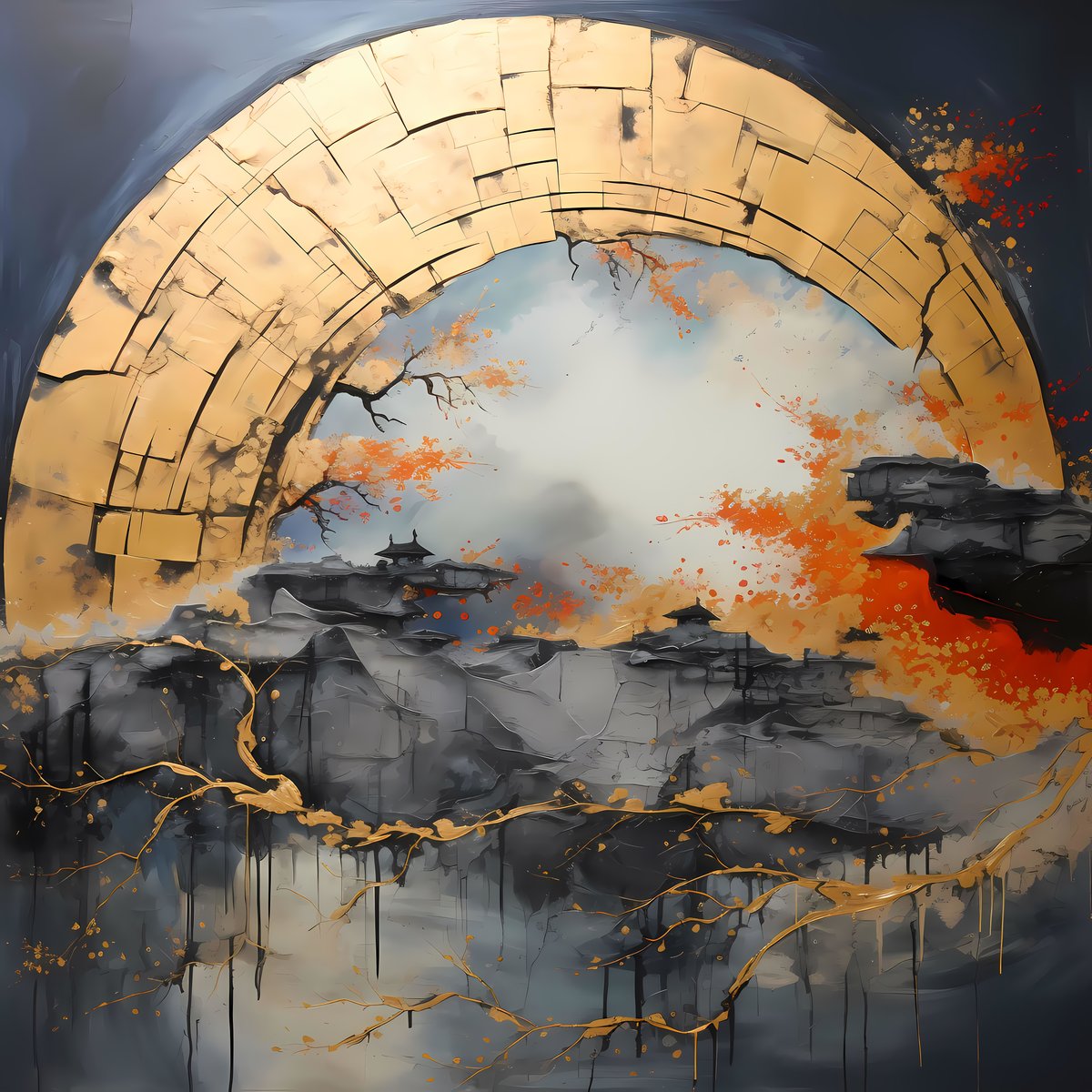 City under the Moon — An ancient city sleeps beneath a fractured moon, the cracks in the sky filled with the same gold as the lights below.