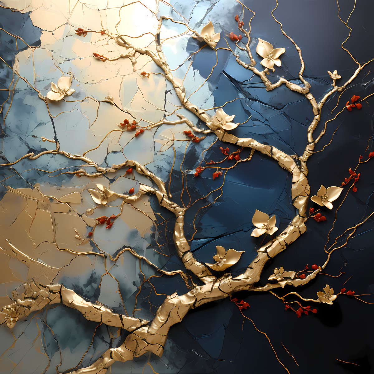 Twilight Bough — A branch rendered in pure gold — bare, precise, and luminous against the dark, each joint a perfect decision.