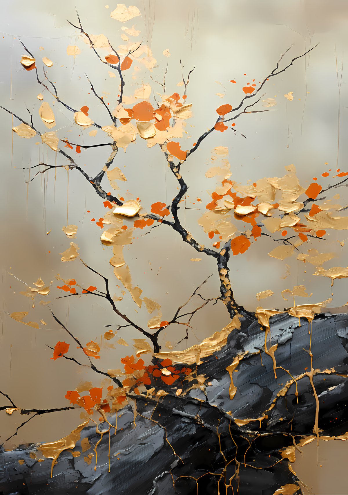 Amber Bloom — Vivid orange petals burst from fractured stems, warmth and vitality radiating through every gilded crack.