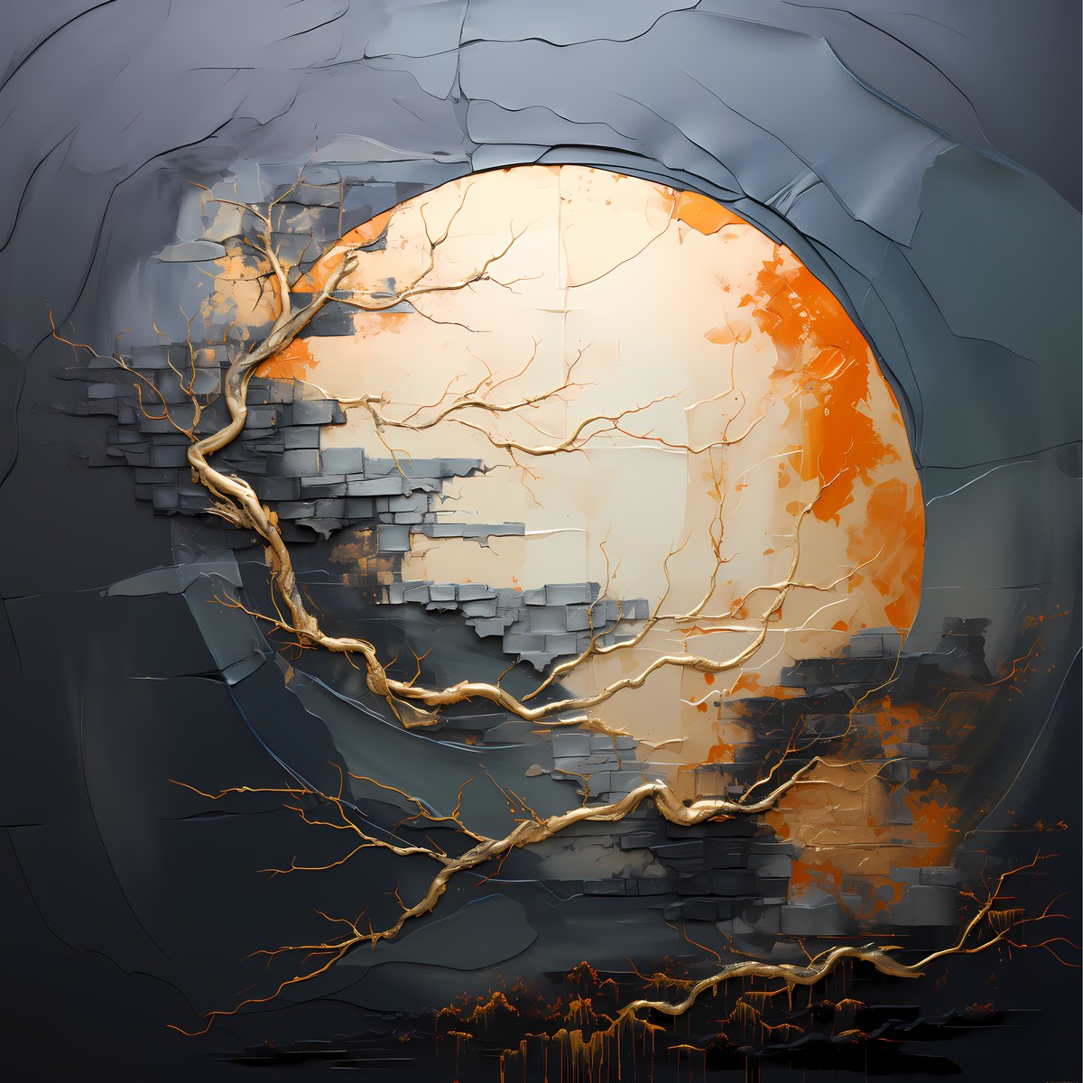 Orange Moon — A harvest moon blazes through dark branches, its warm light fracturing into gold across a deep autumn sky.